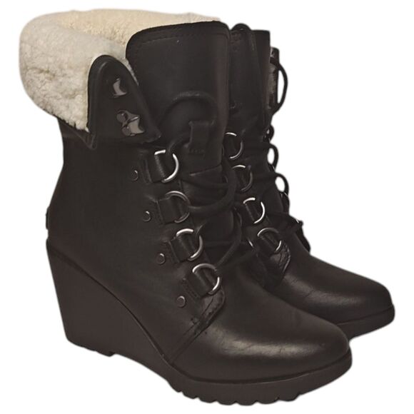 Sorel After Hours Lace Up Boot Women's 6.5 Black Leather Shearling Top Roll - Picture 1 of 11
